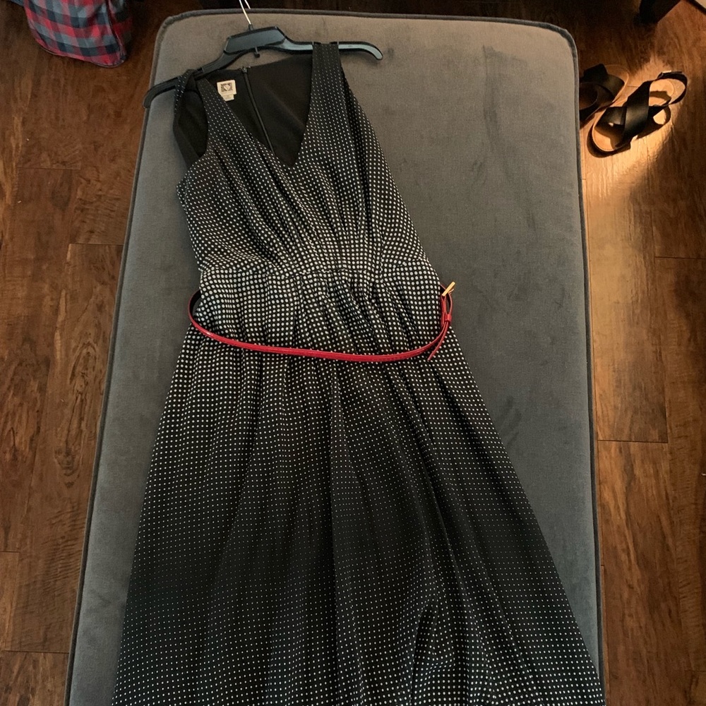 Long dress with red belt. Black and white